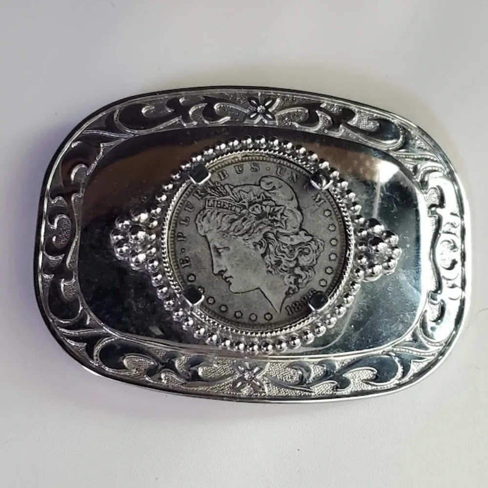 Western Scroll Silver Tone Belt Buckle Paper Silver Dollar Insert Add your Coin